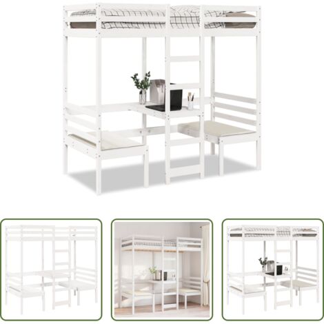 vidaXL Sillas -  Cama alta escritorio y asientos madera maciza blanco 80x200 cm