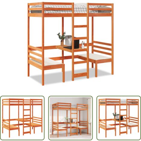 vidaXL Sillas -  Cama alta escritorio y asientos madera maciza marrón 90x190 cm