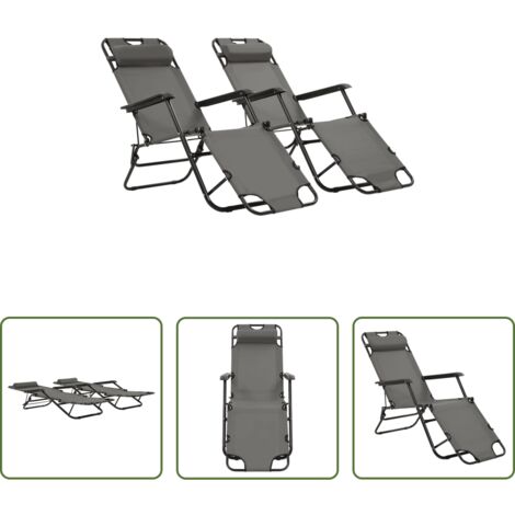 vidaXL Sillas de camping -  Tumbonas plegables con reposapiés 2 unidades acero gris