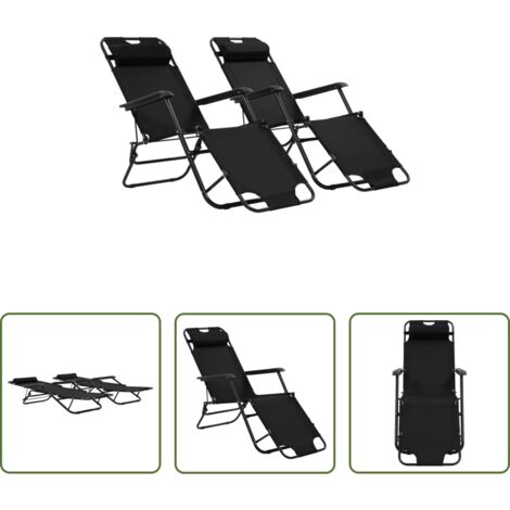 vidaXL Sillas de camping -  Tumbonas plegables con reposapiés 2 unidades acero negro
