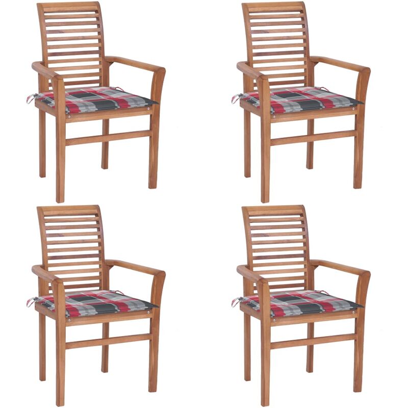 

vidaXL Sillas de comedor 4 uds madera teca y cojines a cuadros rojos - Marrón