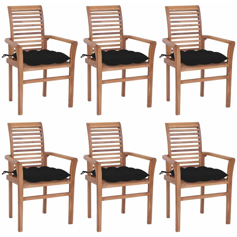 

vidaXL Sillas de comedor 6 uds madera maciza teca con cojines negros - Marrón