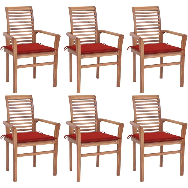 

vidaXL Sillas de comedor 6 uds madera maciza teca con cojines rojos - Marrón