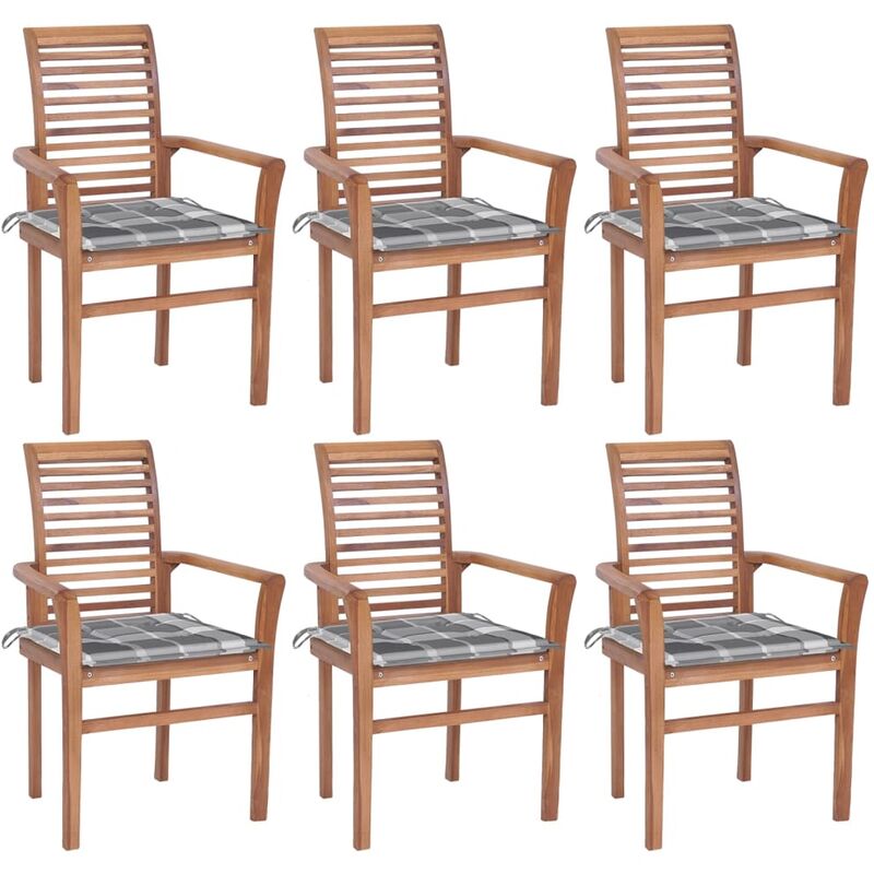 

vidaXL Sillas de comedor 6 uds madera teca y cojines a cuadros grises - Marrón