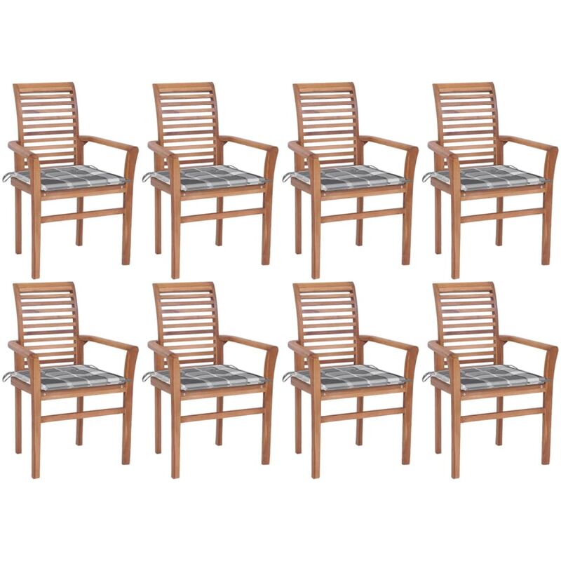 

vidaXL Sillas de comedor 8 uds teca maciza y cojines a cuadros grises - Marrón