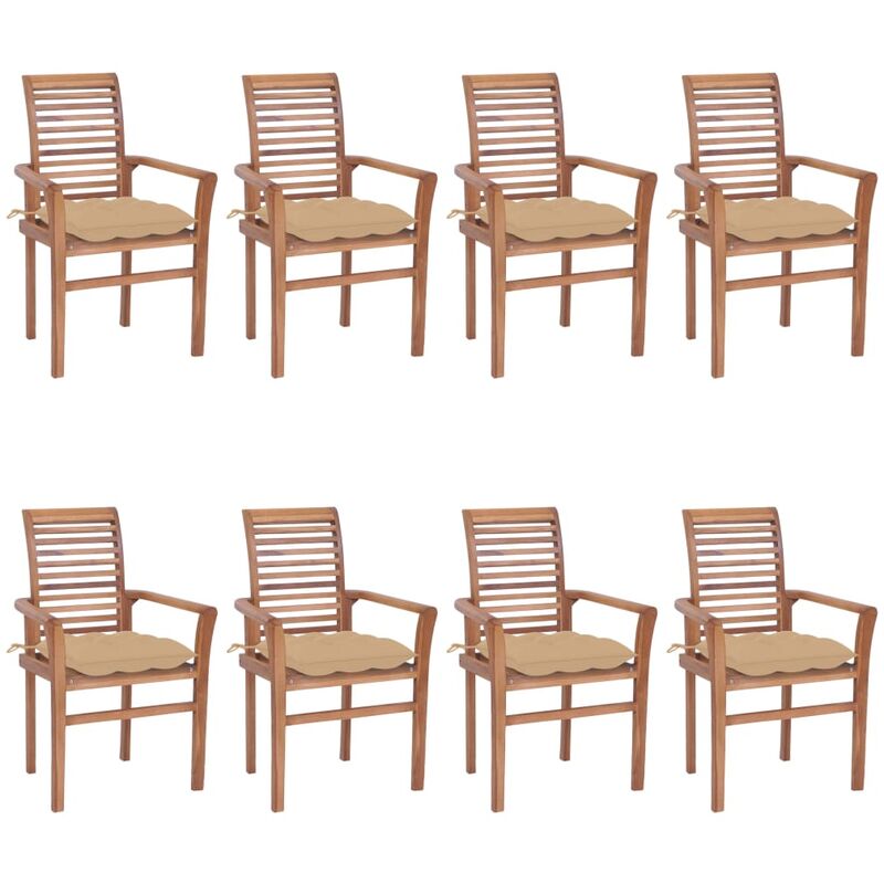 

vidaXL Sillas de comedor 8 unidades madera de teca con cojines beige - Marrón