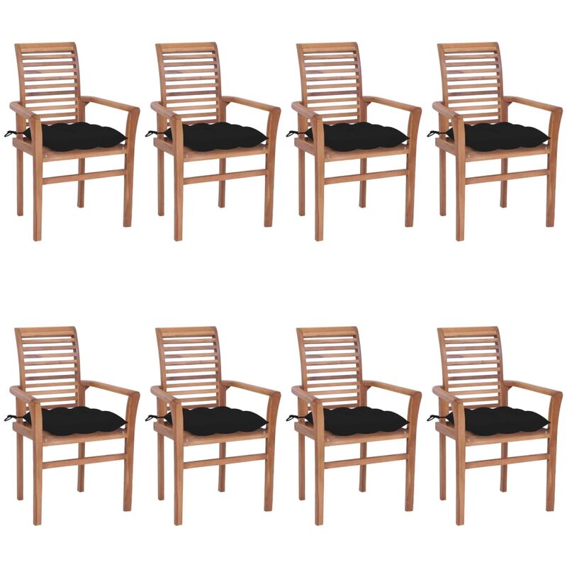 

vidaXL Sillas de comedor 8 unidades madera de teca con cojines negros - Marrón
