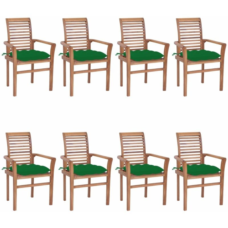 

vidaXL Sillas de comedor 8 unidades madera de teca con cojines verdes - Marrón