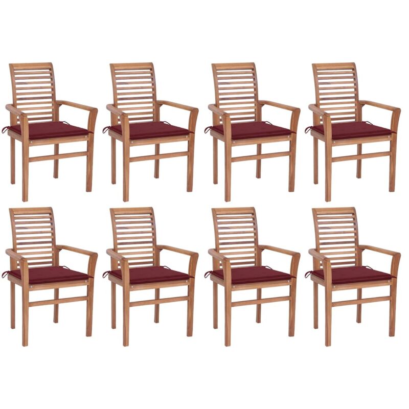 

Sillas de comedor 8 unidades teca maciza con cojines rojo tinto - Marrón - Vidaxl