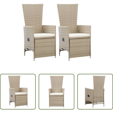 vidaXL Sillas de comedor al aire libre -  Sillas reclinables jardín 2 uds y cojines ratán sintético beige