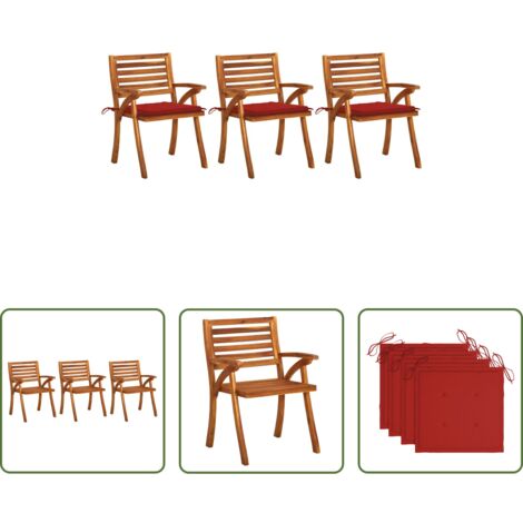 vidaXL Sillas de comedor de madera -  Sillas de comedor jardín con cojines 3 uds madera maciza acacia
