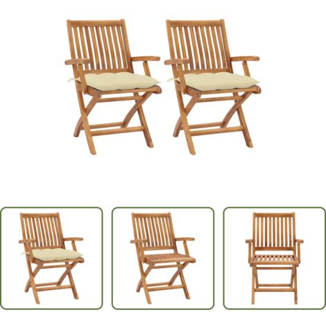 vidaXL Sillas de exterior -  Sillas de jardín 2 uds madera de teca con cojines blanco crema