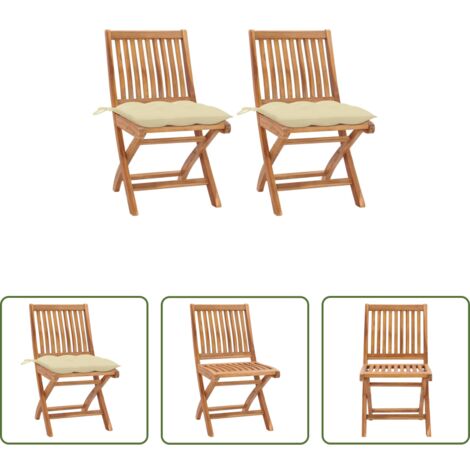 vidaXL Sillas de exterior -  Sillas de jardín 2 uds madera de teca con cojines blanco crema