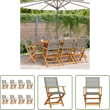 vidaXL Sillas de exterior -  Sillas de jardín plegables 8 uds madera maciza y ratán PE gris