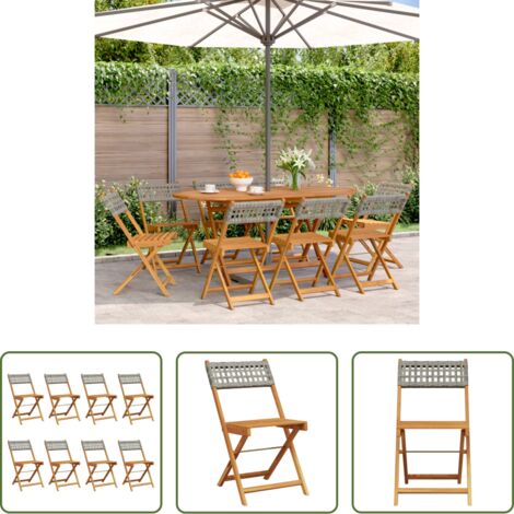 vidaXL Sillas de exterior -  Sillas de jardín plegables 8 uds madera maciza y ratán PE gris