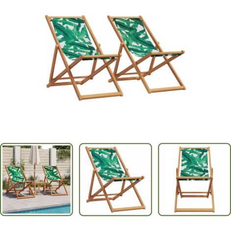 vidaXL Sillas de exterior -  Sillas playa plegables 2 uds tela madera maciza estampado hojas
