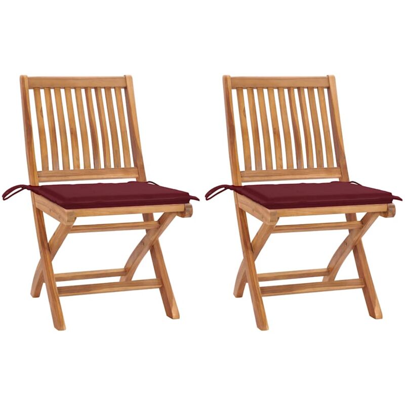 

vidaXL Sillas de jardín 2 uds con cojines rojo tinto madera de teca - Rojo