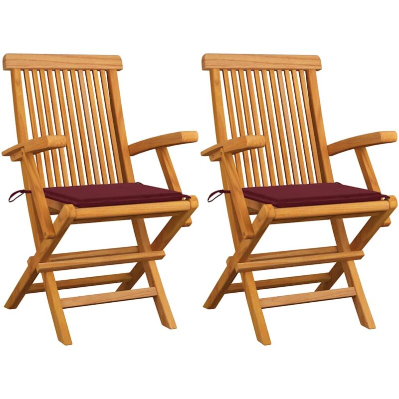 

vidaXL Sillas de jardín 2 uds con cojines rojo tinto madera de teca - Rojo