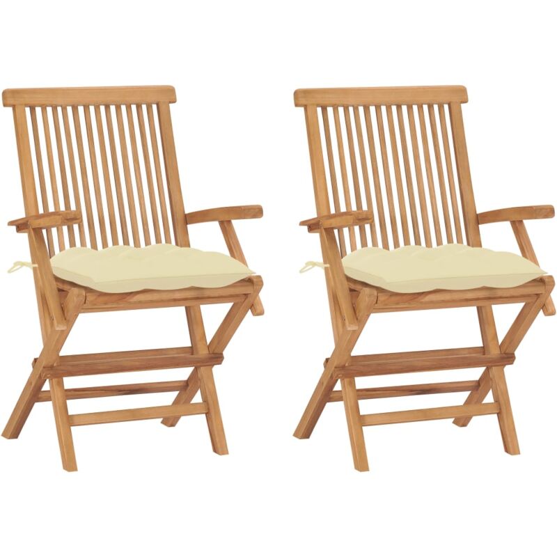 

vidaXL Sillas de jardín 2 uds madera de teca con cojines blanco crema - Crema