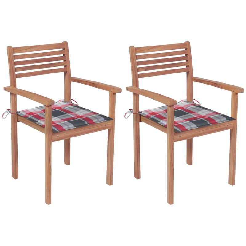 

vidaXL Sillas de jardín 2 uds madera de teca y cojines a cuadros rojos - Marrón