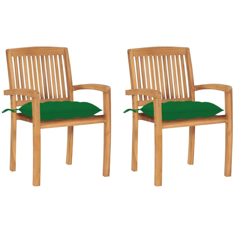 

vidaXL Sillas de jardín 2 uds madera maciza de teca con cojines verdes - Verde