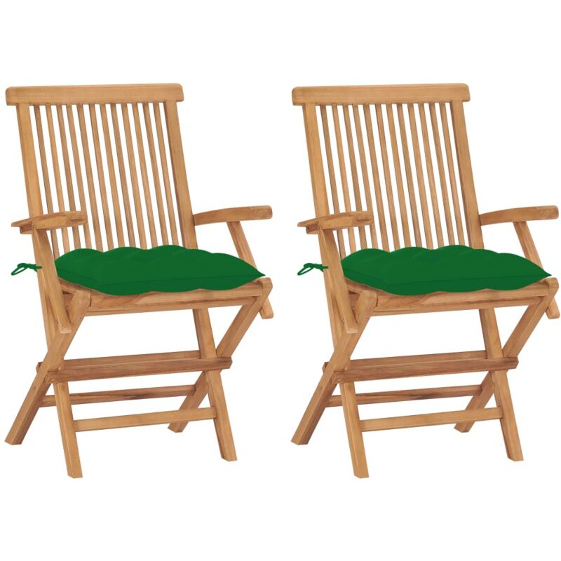 

vidaXL Sillas de jardín 2 uds madera maciza de teca con cojines verdes - Verde