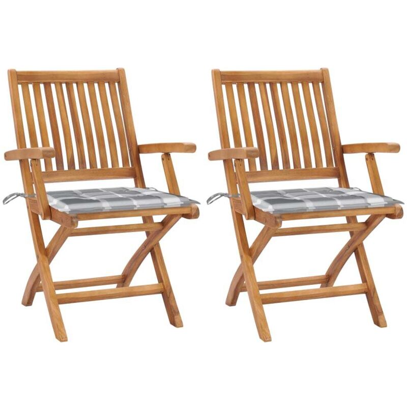 

vidaXL Sillas de jardín 2 uds madera teca con cojines a cuadros gris - Multicolor