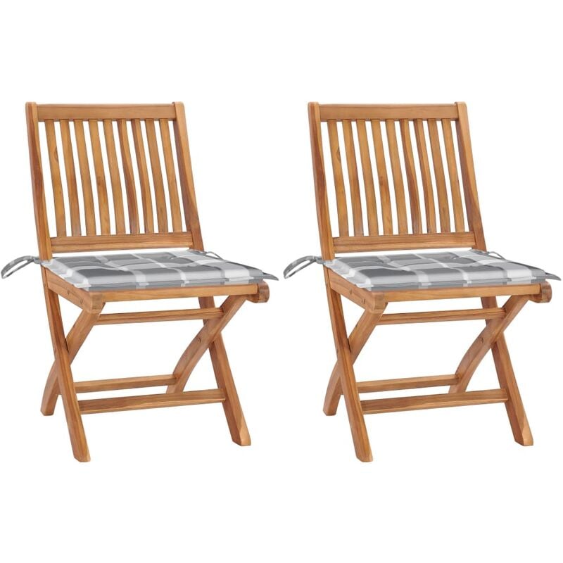 

vidaXL Sillas de jardín 2 uds madera teca con cojines a cuadros gris - Multicolor
