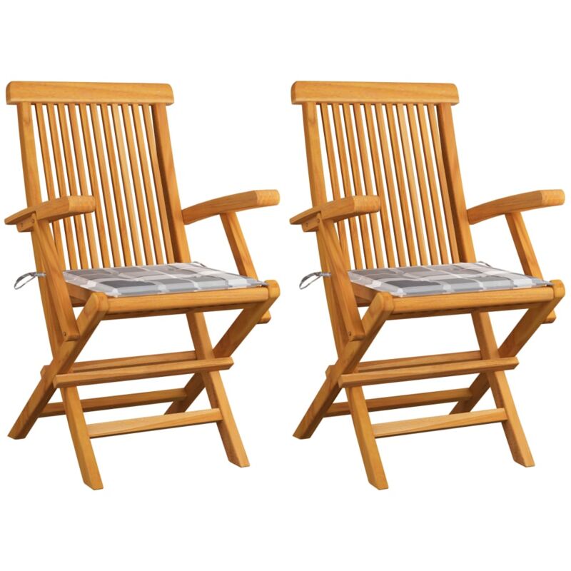 

vidaXL Sillas de jardín 2 uds madera teca con cojines a cuadros gris - Multicolor