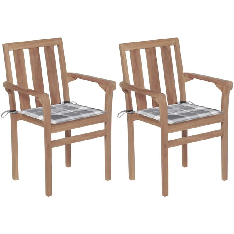 

vidaXL Sillas de jardín 2 uds madera teca con cojines a cuadros gris - Multicolor