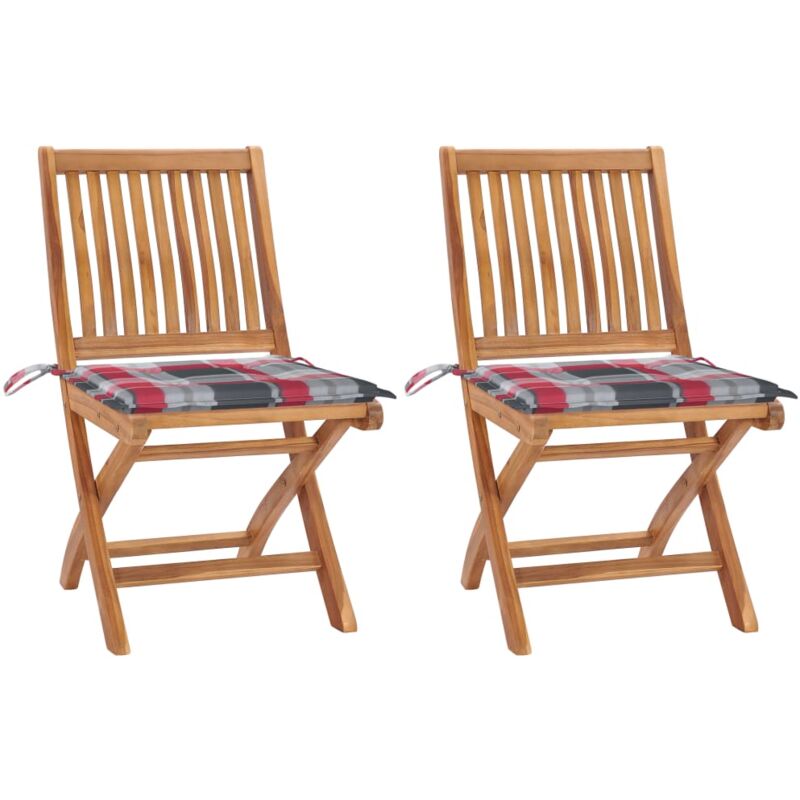 

vidaXL Sillas de jardín 2 uds madera teca con cojines a cuadros rojos - Multicolor