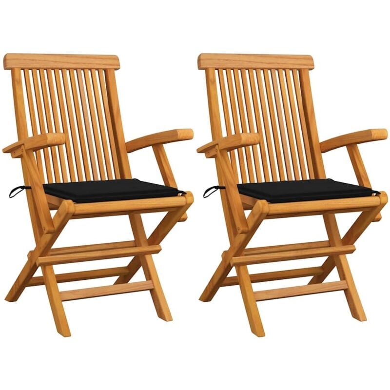 

vidaXL Sillas de jardín 2 unidades con cojines negros madera de teca - Negro