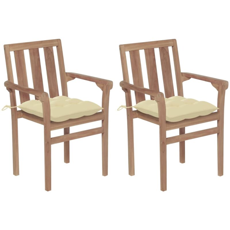 

vidaXL Sillas de jardín 2 unidades madera de teca con cojines crema - Crema