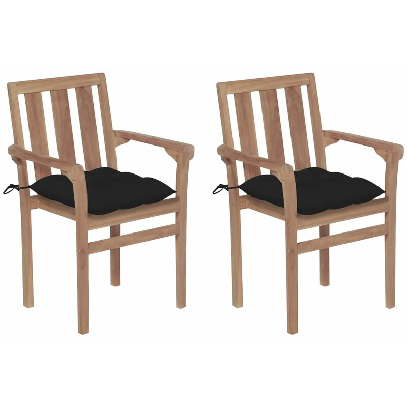 

vidaXL Sillas de jardín 2 unidades madera de teca con cojines negros - Negro