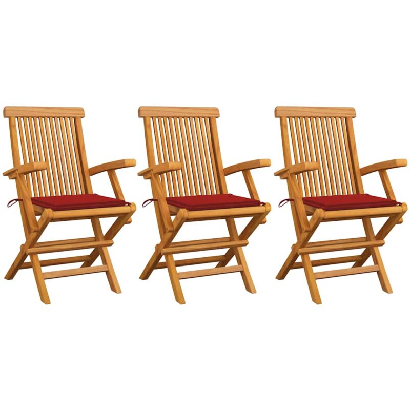 

vidaXL Sillas de jardín 3 uds con cojines rojos madera de teca - Rojo