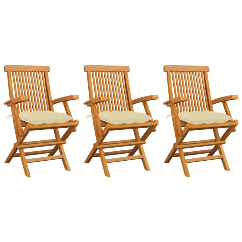 

vidaXL Sillas de jardín 3 uds madera de teca con cojines blanco crema - Crema