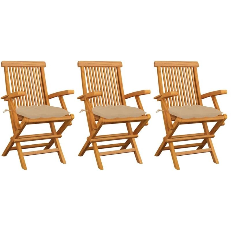 

vidaXL Sillas de jardín 3 uds madera maciza de teca con cojines beige - Beige