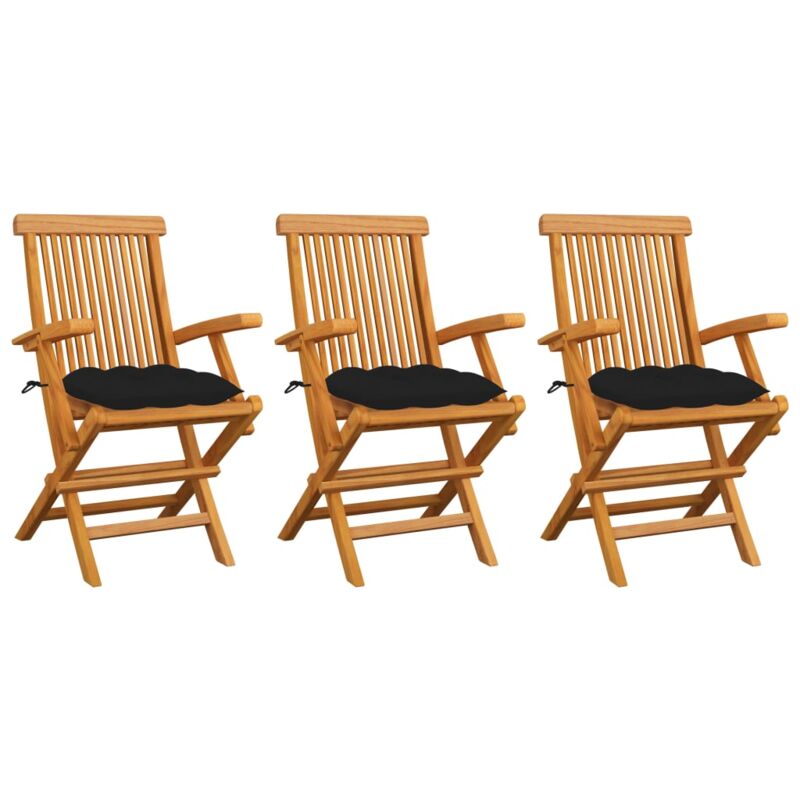 

vidaXL Sillas de jardín 3 uds madera maciza de teca con cojines negros - Negro