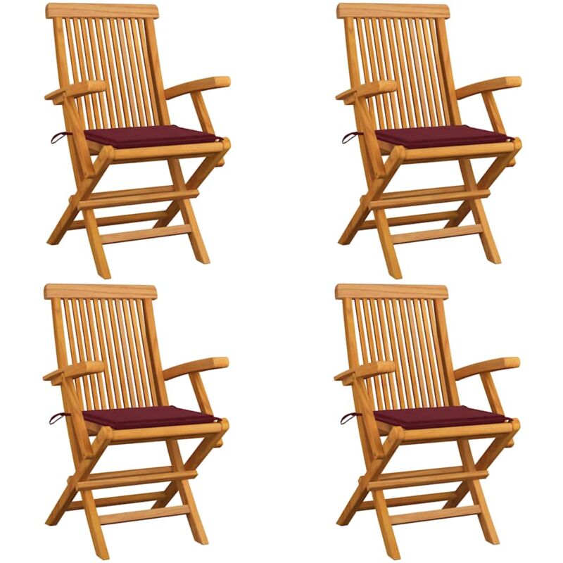 

vidaXL Sillas de jardín 4 uds con cojines rojo tinto madera de teca - Rojo