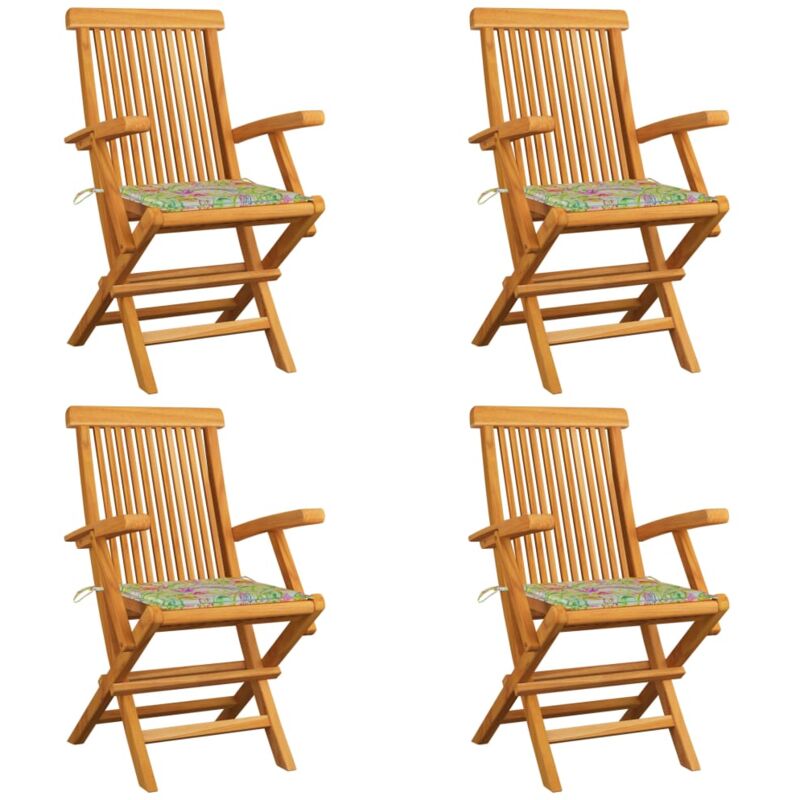 

vidaXL Sillas de jardín 4 uds madera de teca cojines estampado hojas - Multicolor