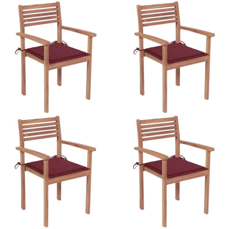 

vidaXL Sillas de jardín 4 uds madera de teca con cojines rojo tinto - Rojo