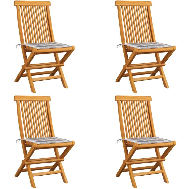 

vidaXL Sillas de jardín 4 uds madera de teca y cojines a cuadros gris - Multicolor
