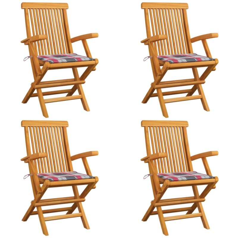 

vidaXL Sillas de jardín 4 uds madera de teca y cojines a cuadros rojos - Multicolor