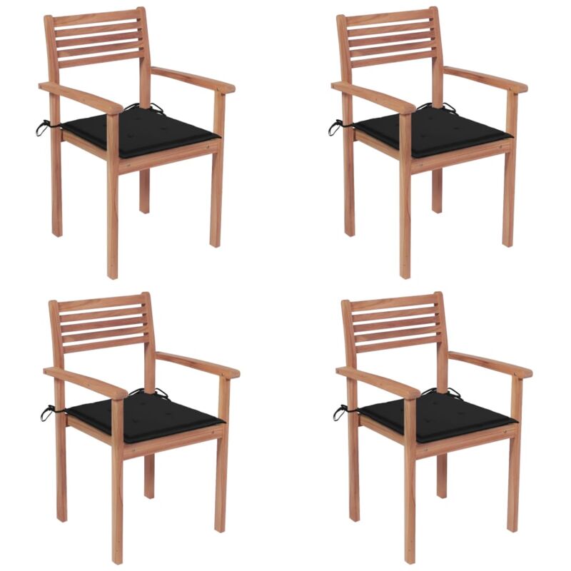 

vidaXL Sillas de jardín 4 uds madera maciza de teca con cojines negros - Negro