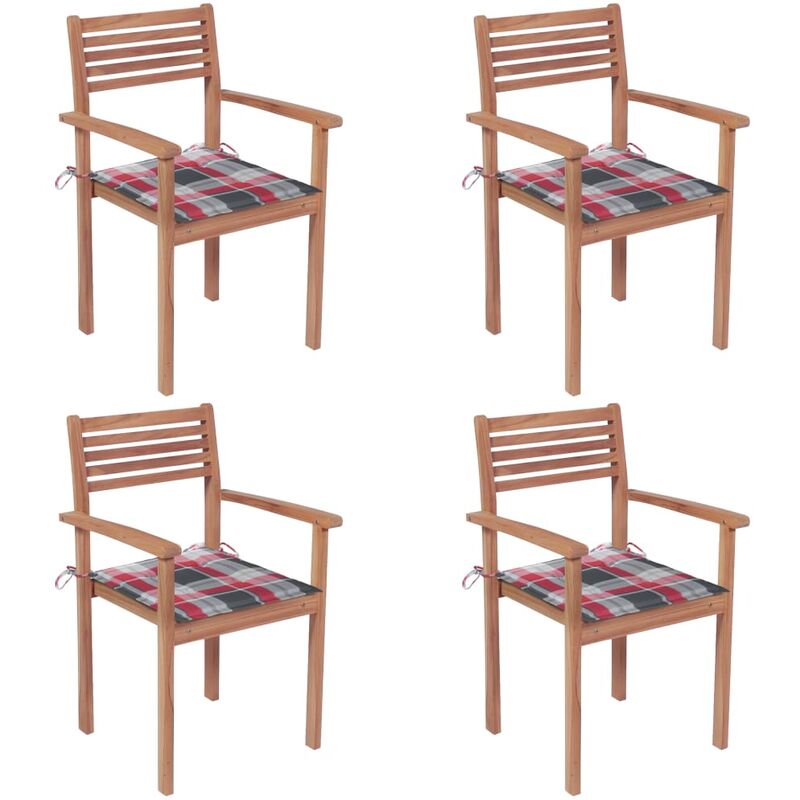 

vidaXL Sillas de jardín 4 uds madera maciza teca cojines cuadros rojos - Marrón