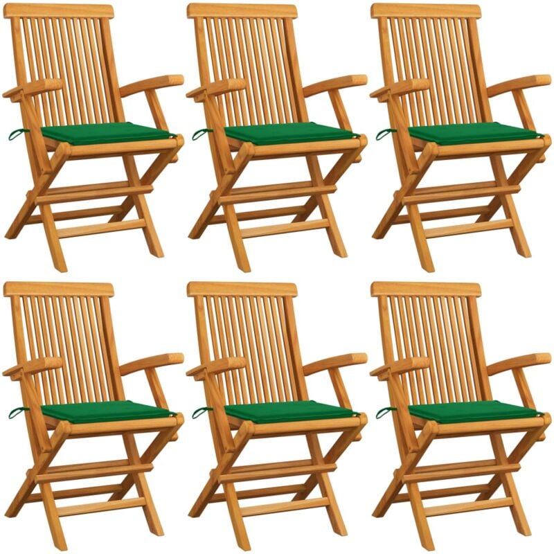 

vidaXL Sillas de jardín 6 uds con cojines verdes madera de teca - Verde