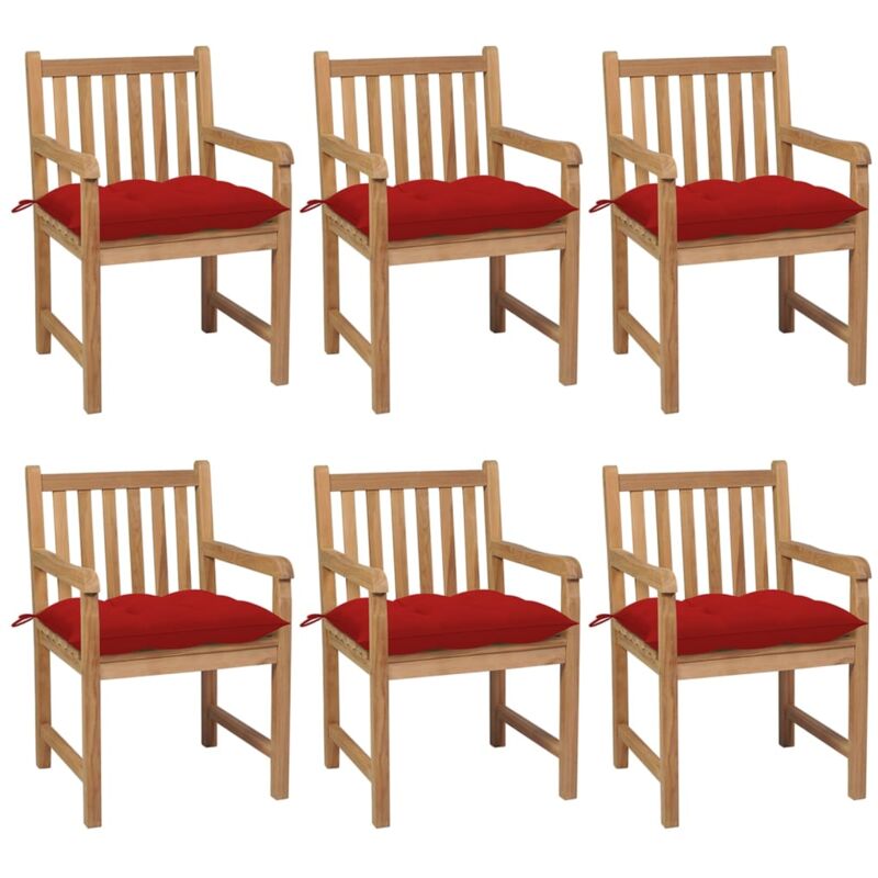

vidaXL Sillas de jardín 6 uds madera maciza de teca cojines rojo - Marrón