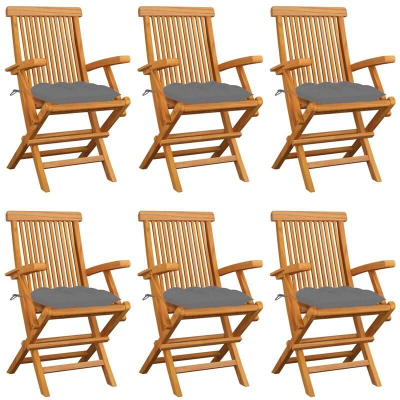 

vidaXL Sillas de jardín 6 uds madera maciza de teca con cojines grises - Gris
