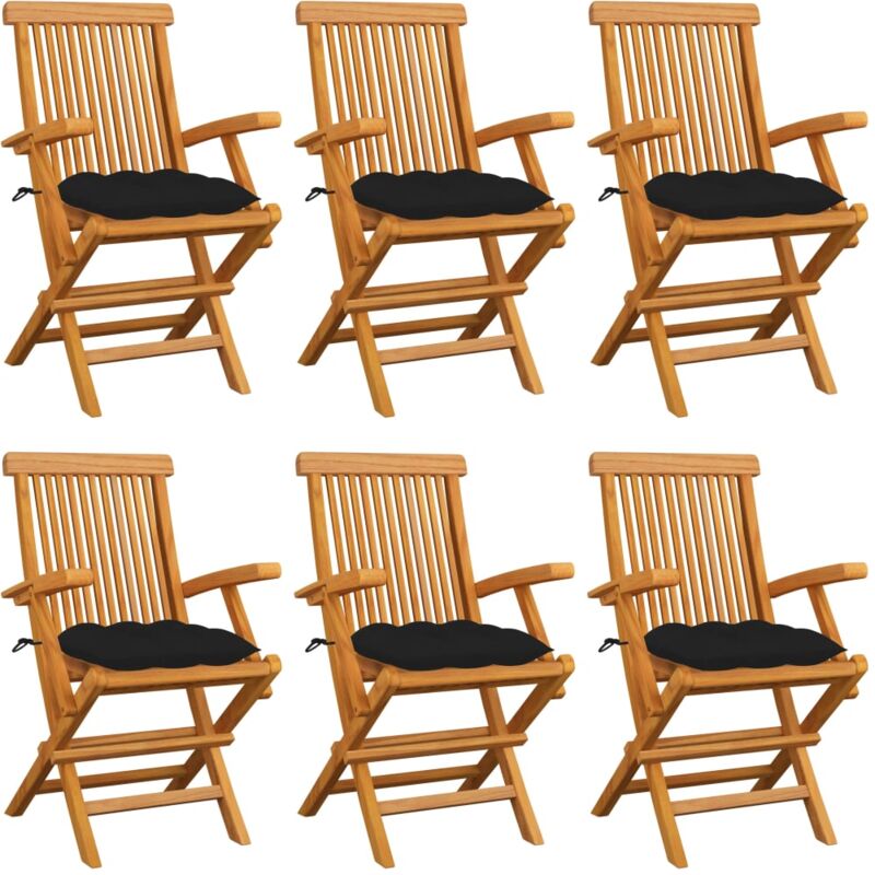 

vidaXL Sillas de jardín 6 uds madera maciza de teca con cojines negros - Negro