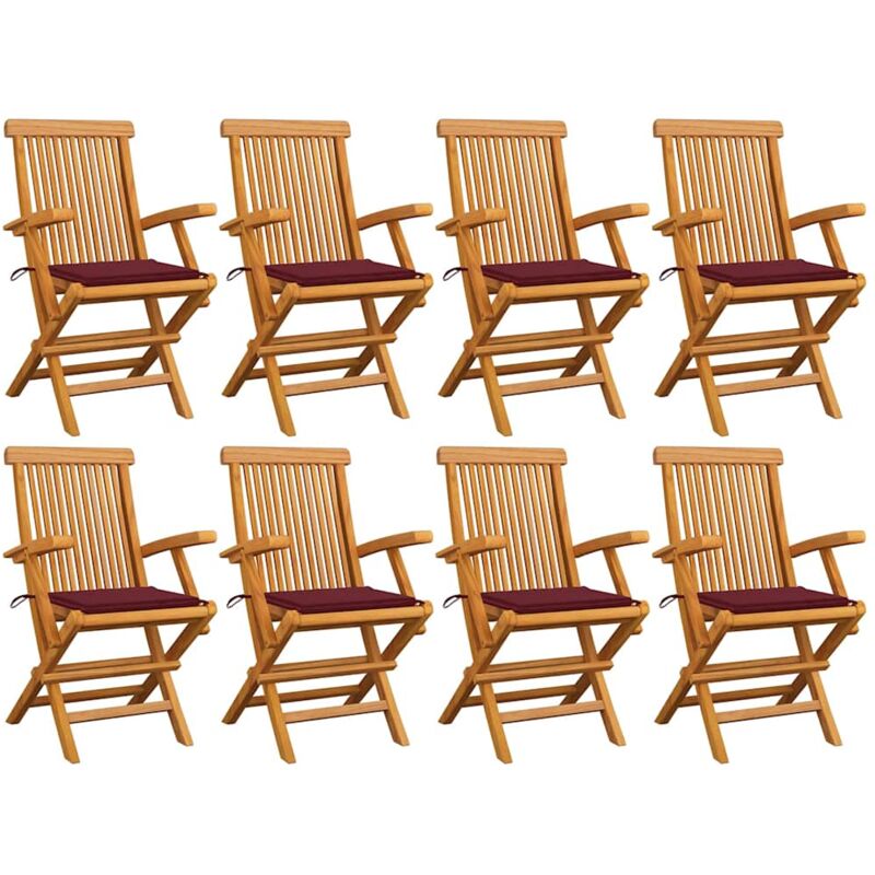 

vidaXL Sillas de jardín 8 uds madera de teca con cojines color vino - Marrón